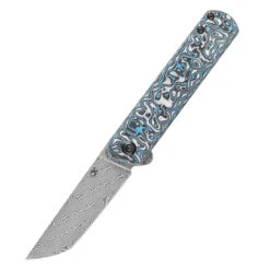 Kansept Foosa Folding Knife Blue/White Carbon Fiber Handle Damascus Plain Edge K2020T2