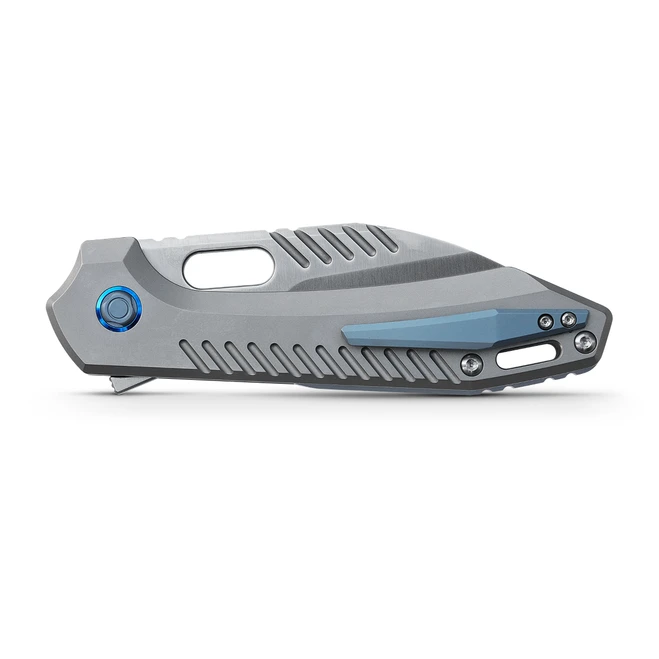 (Sold Out) WMK Exclusive Vosteed RSKAOS Folding Knife Gray Titanium Handle W/ Blue Hardware Elmax Wharncliffe Blade 10 (Sold Out) WMK Exclusive Vosteed RSKAOS Folding Knife Gray Titanium Handle W/ Blue Hardware Elmax Wharncliffe Blade - Image 8