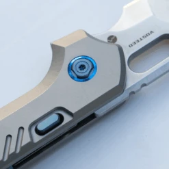 (Sold Out) WMK Exclusive Vosteed RSKAOS Folding Knife Gray Titanium Handle W/ Blue Hardware Elmax Wharncliffe Blade 16 (Sold Out) WMK Exclusive Vosteed RSKAOS Folding Knife Gray Titanium Handle W/ Blue Hardware Elmax Wharncliffe Blade -Knives Store A0905 RSKAOS Elmax Satin Wharncliffe Blade Titanium Handle 5 03775.1699972964