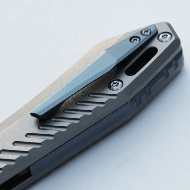 (Sold Out) WMK Exclusive Vosteed RSKAOS Folding Knife Gray Titanium Handle W/ Blue Hardware Elmax Wharncliffe Blade 5 (Sold Out) WMK Exclusive Vosteed RSKAOS Folding Knife Gray Titanium Handle W/ Blue Hardware Elmax Wharncliffe Blade - Image 3