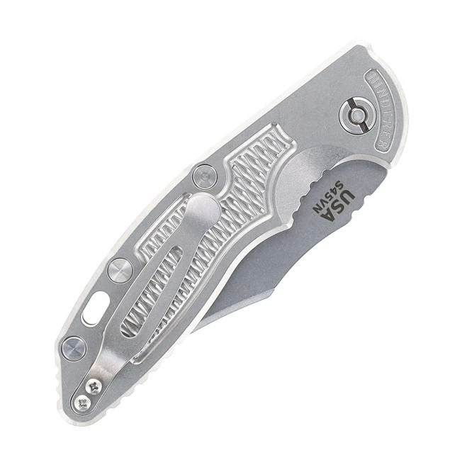 Rick Hinderer Knives XM-18 3.5" Bowie Blade Automatic Folding Knife Stonewashed Titanium And S45vn 5 Rick Hinderer Knives XM-18 3.5" Bowie Blade Automatic Folding Knife Stonewashed Titanium And S45vn - Image 3