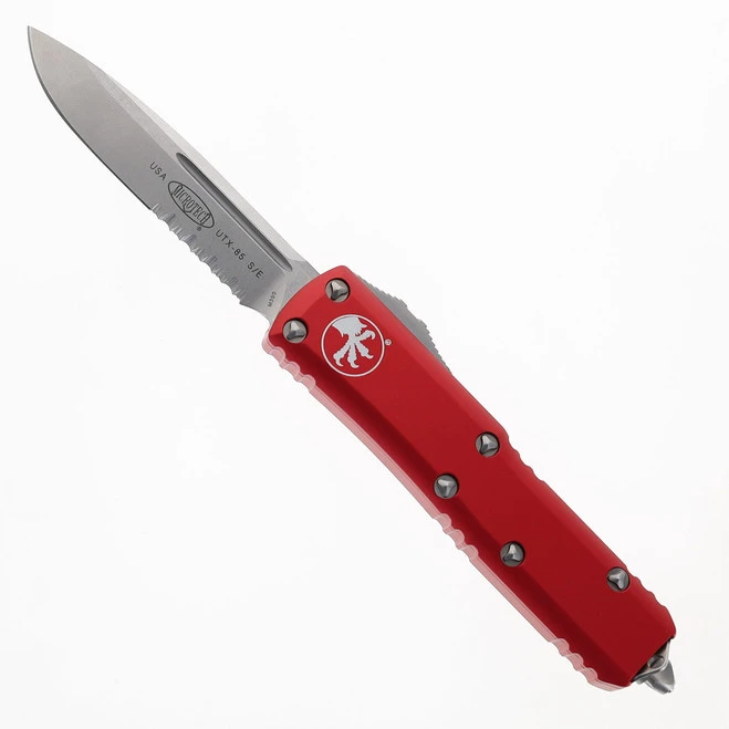 Microtech UTX-85 OTF Auto Knife Red Aluminum Handle Stainless Steel Drop Point Partially Serrated Edge Stonewash Finish 231-11-RD 3 Microtech UTX-85 OTF Auto Knife Red Aluminum Handle Stainless Steel Drop Point Partially Serrated Edge Stonewash Finish 231-11-RD