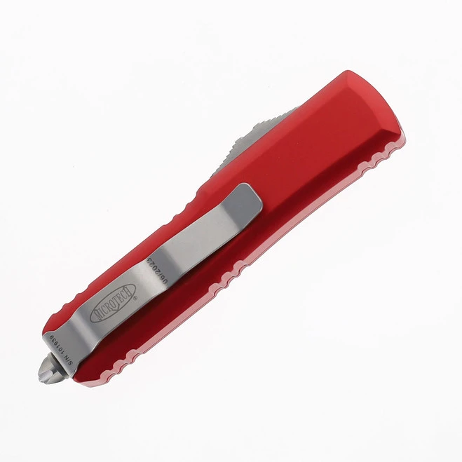 Microtech UTX-85 OTF Auto Knife Red Aluminum Handle Stainless Steel Drop Point Partially Serrated Edge Stonewash Finish 231-11-RD 5 Microtech UTX-85 OTF Auto Knife Red Aluminum Handle Stainless Steel Drop Point Partially Serrated Edge Stonewash Finish 231-11-RD - Image 3