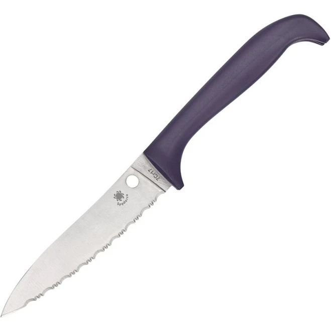 Spyderco Serrated Kitchen Knife Purple Plastic Handle Satin 7Cr17MoV Blade K20SPR 3 Spyderco Serrated Kitchen Knife Purple Plastic Handle Satin 7Cr17MoV Blade K20SPR